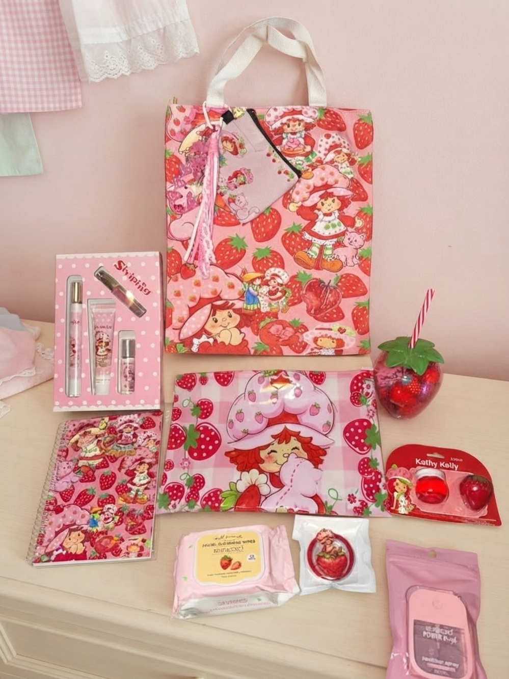 Strawberry Kids Pink Tote Bag with Matching Pouch - Cute Strawberry Design